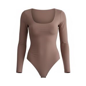 Express Taupe Body Contour Long Sleeve Thong Bodysuit Size M Scoop Neck Slimming